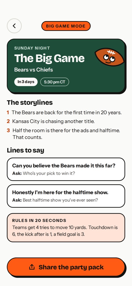 Big Game Mode with storylines, lines to say and the rules in 20 seconds