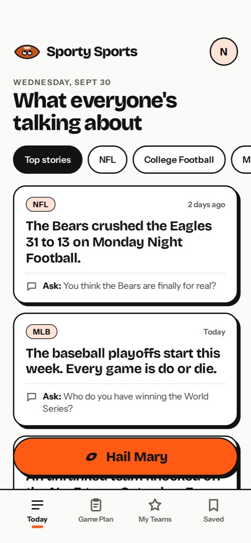 The Today screen with headlines and a question to ask back
